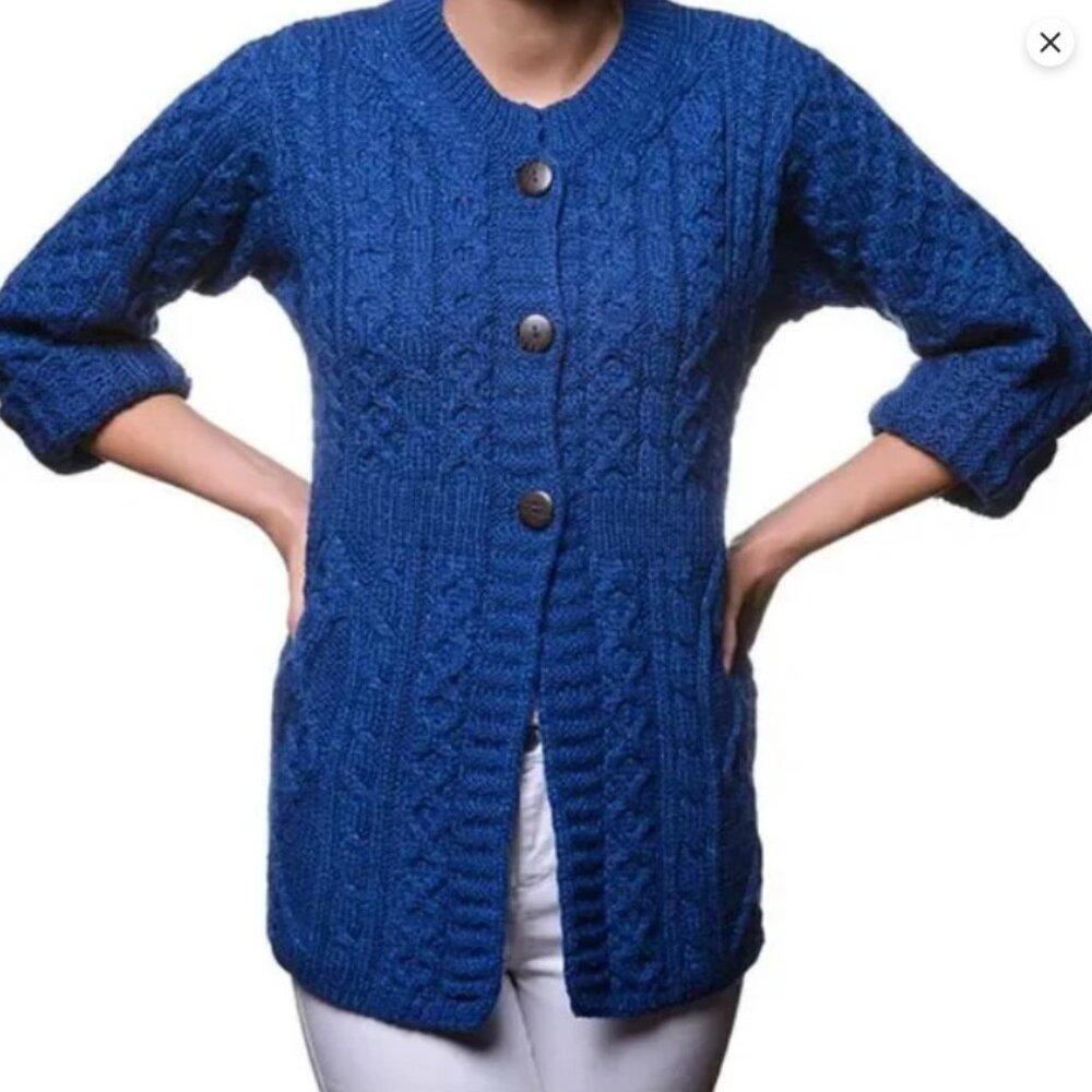 NWT Kilronan Ireland 100% Merino Wool Aran Cable Knit Cardigan Royal Blue XL - Picture 10 of 10